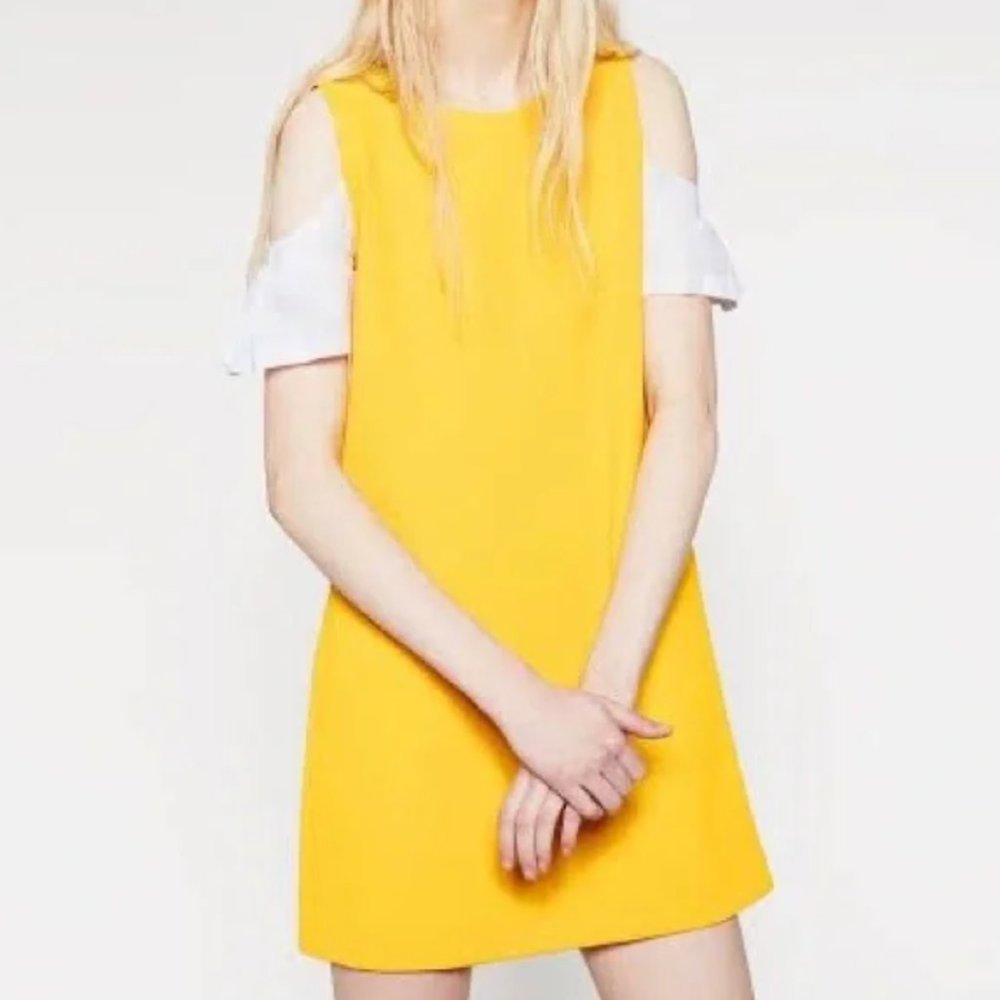 Zara Trafaluc Yellow Poplin Cold Shoulder Textured Shift Dress Size S, NWT